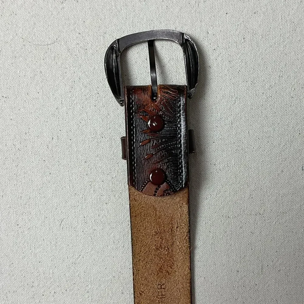 Vintage Brown Leather Western Style Fish Themed Belt 44 inch with Buckle